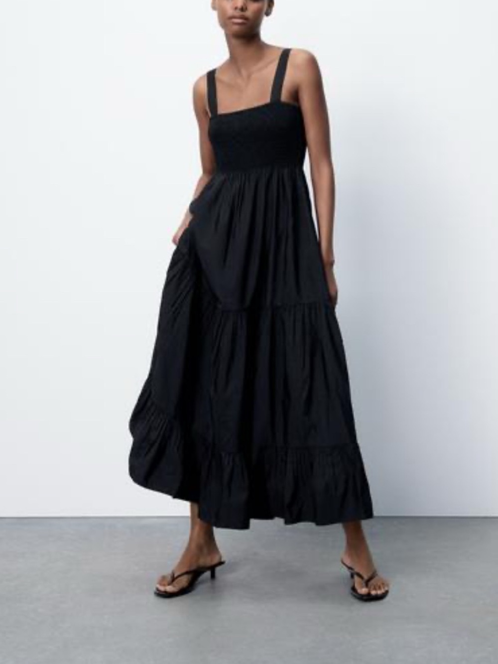 Zara Poplin Smocked Midi Dress Black Women Size XXL